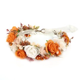 PoshMyra Burnt Orange Flower Crown for Girls Autumn Wedding Floral Holo Hair Headpiece Bridal Fall Wreath Young Bridemaid Crown Garland Photo Prop Headband