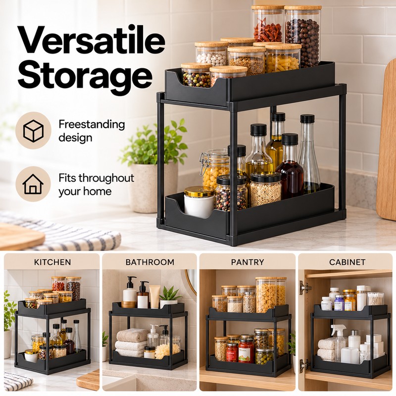 2-Tier Kitchen and Bathroom Organizer Rack – Black Metal Storage