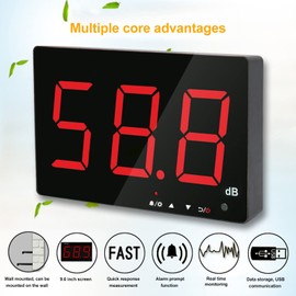 Decibelímetro 30-130dB, para Colgar en la Pared Sonómetro Medidor de Ruido con Alarma para Oficina, Estudio, Fábrica, Aula, Pantalla LCD de 9.6 Pulgadas, Alimentación USB