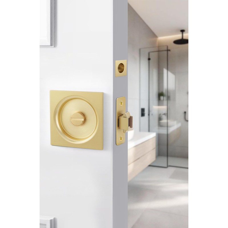 goldenwarm Brushed Gold Pocket Door Lock with Pull, Square Pocket