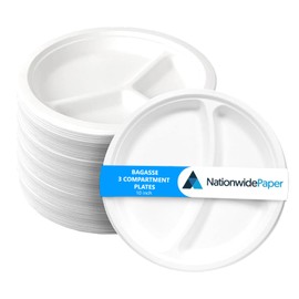 NationwidePaper 3 Compartment Plates Disposable Eco-Friendly White 10” Bagasse Paper Plates Pack of 50 (25cm)