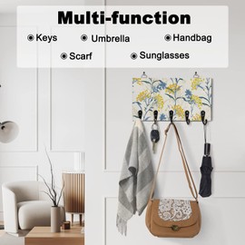 JasmineM Vintage Floral Plant Key Holder for Wall Decorative, Wood Wall Mounted Key Rack with 5 Key Hooks, Keys Hanger Organizer for Entryway Hallway Office Home Decor, Yellow Blue
