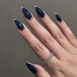 MERVF Almond Press on Nails Medium Fake Nail Dark Blue Acrylic Stiletto Glue ons Nails Glitter Sliver Design Supplies DIY Manicure Glossy 24pcs