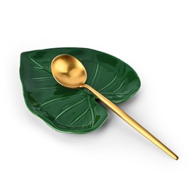 Koythin Ceramic Leaf-Shaped Spoon Rest, Decorative Spoon Holder, Elegant Kitchen Accessories (Green Leaves)