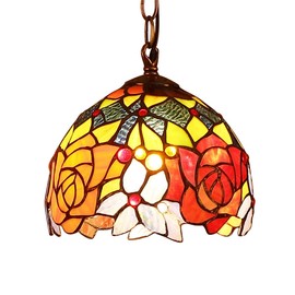 Bieye L10127 Rose Tiffany Style Stained Glass Ceiling Pendant Light Fixture with 7-inch Wide Lampshade
