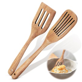 2 Pcs Wooden Spatula Set for Cooking - Wood Spatula Slotted Turner Cooking Utensils, Premium Acacia for Non-Stick Cookware, Kitchen Cooking Utensils for Frying Flipping Pancake
