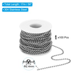 PATIKIL 2.4mm x 56ft 304 Stainless Steel Ball Chain, 1 Set Ball Chain Bead with 100 Pcs Matching Connector Clasp for Curtain Blind Pull, Tag Rings, DIY Crafts