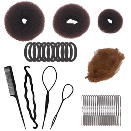 Hair Bun Shaper Set 3 Pcs Donut Hair Bun Maker, 4 Pcs Brown Bun Elastic Edge Mesh, 4 Pcs Ponytail Tool, 10 Pcs Hair Elastic Bands and 20 Pcs Bobby Pins for Women