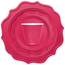 Tiger Chef 60-Count, 8-inch Fuchsia Color Round Scalloped Rim Disposable Plastic Plate Set Includes 60 Plastic Salad Plates - BPA-Free