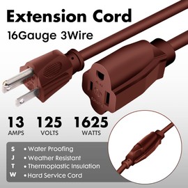 PALARINE 8ft Brown Outdoor Extension Cord Waterproof, UL Listed, 16/3 SJTW Heavy Duty 3 Prong, 16 Gauge 13A Power Cord Ideal for Indoor Outdoor Lights, Appliances, and Lawn