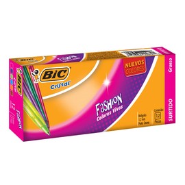 BIC Bolígrafo Cristal Fashion Punto Grueso 1.2 mm Barril Hexagonal Colores Vivos Escritura Suave y Fluida 12 Piezas Surtido de Colores