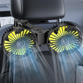 D-Lumina - Ventiladores eléctricos automotrices para asiento trasero para niños, ventilador de refrigeración con amplificador USB de doble cabeza, reposacabezas giratorio de 360 grados, ventilador
