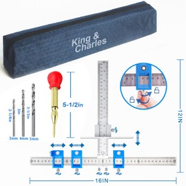 King&Charles Cabinet Hardware Jig, Metal Cabinet Handle Jig + Auto Hole Punch + Point Drill Bits, Use for Handles Knobs Pulls on Drawers/Doors, Wood Drilling Dowelling Guide Set.