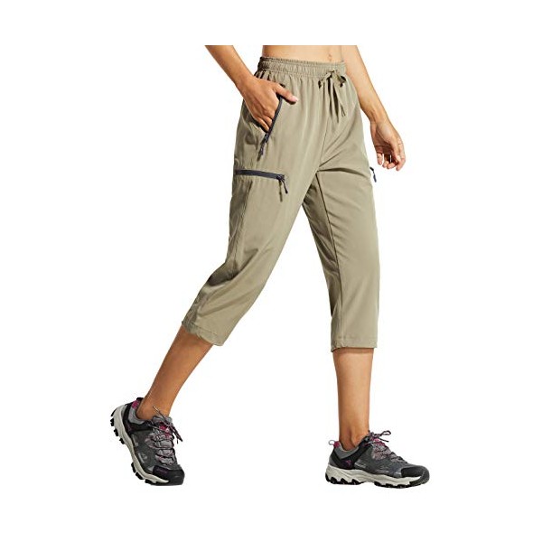Libin Women's Quick Dry Hiking Capri Pants Lightweight Cargo Cropped Pants Water Resistant Outdoor Casual, Khaki L