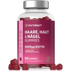 Horbaach Skin Hair Nails Gummies 5000 μg Biotin Gummy Bears with Vitamin C & E for Skin, Hair, Nails & Beard 60 Hair Vitamins Vegan Gummies Vitamin B7 Hair Skin & Nails Vitamins
