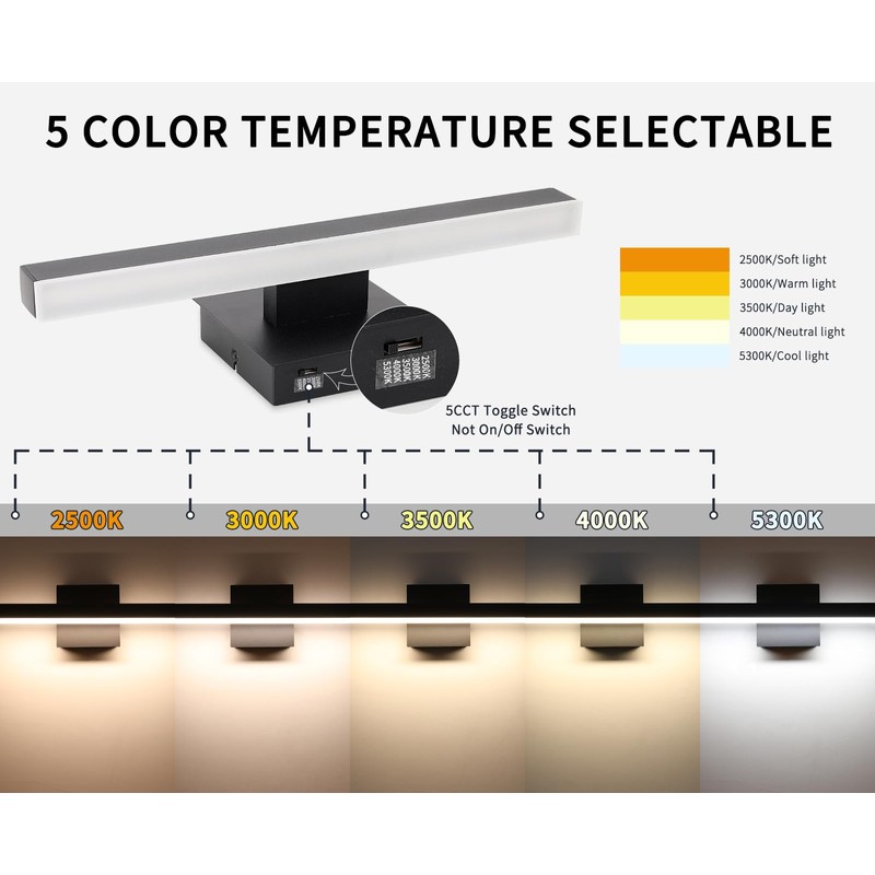 Joossnwell Black Bathroom Vanity Light Fixtures Dimmable 5CCT LED Bathroom