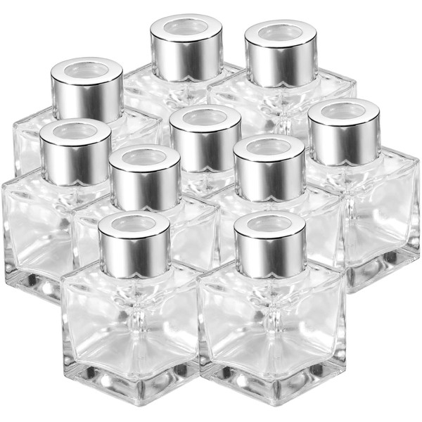 10 Set Square Glass Diffuser Bottles with Silver Caps Refillable