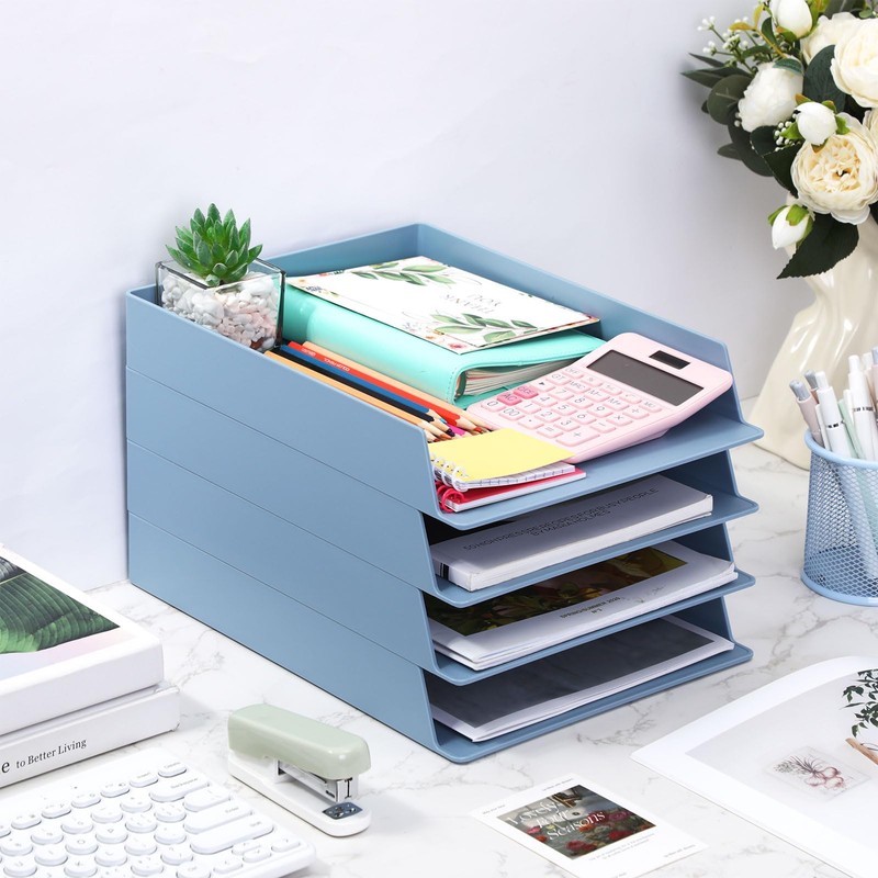 TecUnite 4 Pieces Stackable Letter Trays Blue Rectangular Stackable Office