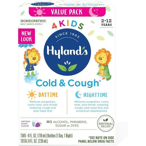 Kids Cold Medicine for Ages 2+, Hyland's 4 Kids Cold 'n Cough, Day and Night Value Pack, Grape Syrup, Cough Medicine for Kids, Nasal Decongestant and Allergy Relief, 4 Fl Oz Each