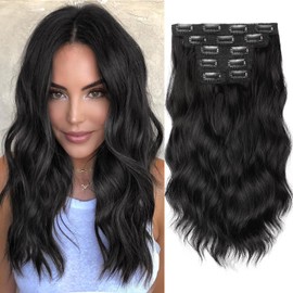 Kookastyle Clip in Hair Extensions Short Wavy Hair Extensions 6PCS for Full Head Thick Synthetic Hairpieces for Women 14Inch(Black)