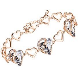 Leafael 18K Rose Gold Plated Love Heart Link Bracelet with Clear Quartz White Healing Stone Crystal for Purification, Jewelry Gifts for Women, 7" Chain + 2" Extender