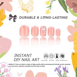 Flower Press on Nails Short Square MABKJLF White French Tip Fake Nails False Nails with Daisy Flower Designs Glossy Glue on Nails Spring Summer Acrylic Nails for Women Girls 24 Pcs