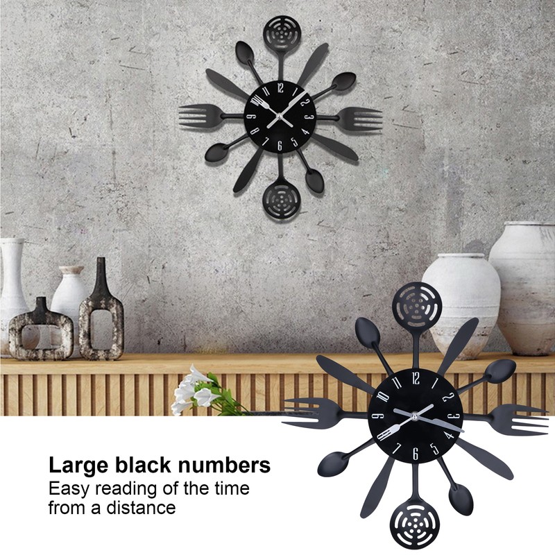 Black Kitchen Wall Clock Removable Modern Cutlery Kitchen Spoon Fork