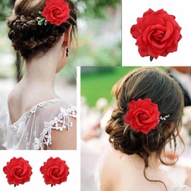 Atentuyi Boho Wedding Big Rose Flower Hair Clips Silver Large Red Flower Brooch Pin Bridal Head Floral Hair Accessories Brides Bridesmaids Jewelry for Prom Party