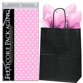 Flexicore Packaging Black Kraft Paper Gift Bags & Light Pink Gift Wrap Tissue Paper | Size: 8 Inch X 4.75 Inch X 10.5 Inch | Count: 50 Bags | Color: Light Pink Polka Dot