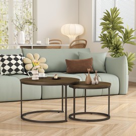 Zevemomo Nesting Coffee Table Set of 2, 27.6” Small Coffee Table Round Brown Wood Coffee Table with Marble Pattern Top and Sturdy Metal Frame, Circle Table for Living Room, Bedroom, Patio, Yard