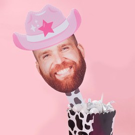 Big Dot of Happiness Custom Photo Last Rodeo - Pink Cowgirl Bachelorette Party Head Cut Out Photo Booth and Fan Props - Fun Face Cutout Paddles - Set of 6