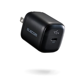 Elecom EC-AC13145BK USB Charger, Type-C Type, 1 Port, 45 W, USB PD Compatible, PPS Compatible, Rapid Charging, Power Display, Built-in GaN Garnium Nitride, Small, Lightweight, Foldable Plug