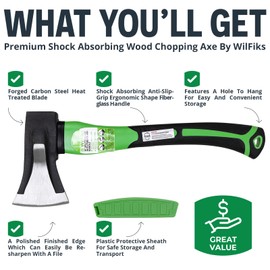 WilFiks Splitting Axe, 15” Camping Hatchet for Chopping and Kindling Wood and Branches, Forged Carbon Steel Hand Maul Tool for Gardening, Fiberglass Shock Reduction Handle with Anti-Slip Grip