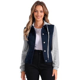 Allegra K Women's Layered Drawstring Hood Denim Jacket with Pockets X-Large Deep Blue