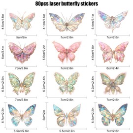 80pcs Holographic Butterflies Stickers, Butterfly Stickers Shiny Holographic Stickers Glitter Butterfly Stickers for Art Crafts Scrapbook Decoration
