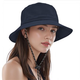Sun Hats for Men Women - UPF 50+ Sun Shield Packable Waterproof Wide Brim Hat for Beach Gardening and Camping Navy Blue Boonie Hat with Adjustable DrawString