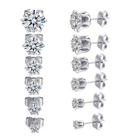 XINCHENG 6 Pairs Stainless Steel Hypoallergenic Silver Diamond Stud Earrings for Women Men, CZ Cubic Zirconia Simulated Diamond Sparkly Stud Earring 3, 4, 5, 6, 7, 8mm