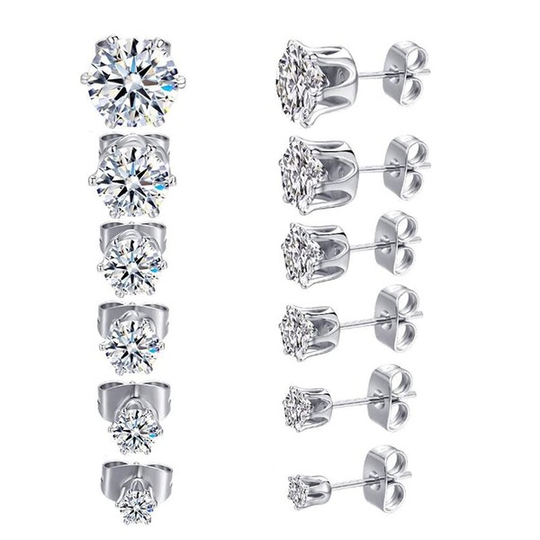 XINCHENG 6 Pairs Stainless Steel Hypoallergenic Silver Diamond Stud Earrings