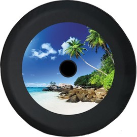 Funny Spare Tire Wheel Cover for Camper SUV Trailer Truck RV JP Thick PVC Leather | Tropical Island Beach Black 33 Inch with Backup Camera Hole