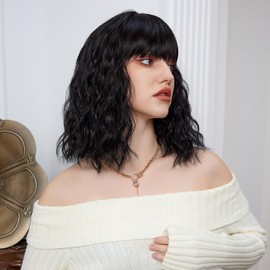 BERON Black Womens Wig Short Curly Wig with Bangs for Girls Wavy Hair Wigs 12'' Women's Heat Resistant Synthetic Wigs Daily Use