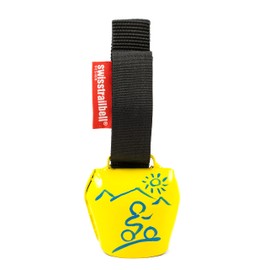 swisstrailbell® Fresh Colour Edition: Yellow with Blue Mountain Biker, Black Band, Trailbell, Bear Bell