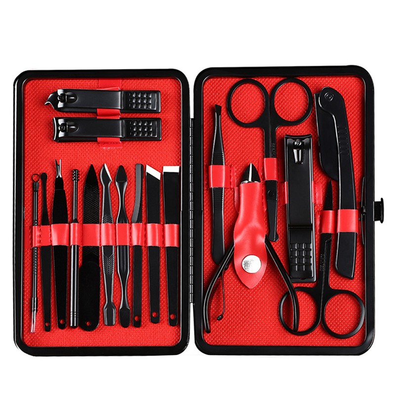 18PCS Nail Clippers Set Black Stainless Steel Portable High Strength