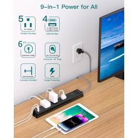 2 Pack Power Strip Surge Protector - 6Ft Extension Cord with 5 Widely Outlets 4 USB (2 USB C) Port, 1875W/15A, Wall Mount, Flat Plug, Desk Charging Station for Home Office College Dorm Room Essentials