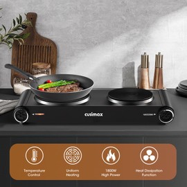 CUSIMAX Electric Hot Plate,Portable Double Hot Plate For Cooking,1800w Electric Stove Temperature Controls,Cast Iron Cooktop,Suitable For All Cookware,Easy To Use Handle,Black Stainless Steel