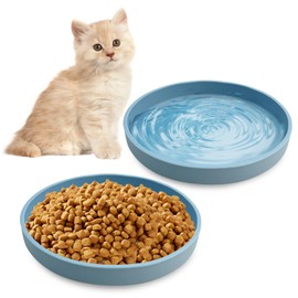 Apatal Silicone Cat Food Bowl Shallow Dishes 5.9in Wide Cats Bowls Set of 2 Kitty Plates Relief Whisker Fatigue Puppy Feeding Bowl for Dry Food and Wet Food Indoor (Round Blue)