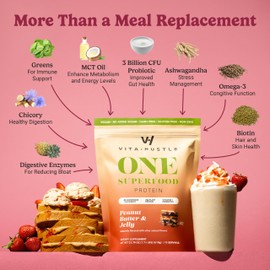 VitaHustle All-in-One Nutrition Shake, Peanut Butter & Jelly - Plant Based Protein Powder by Kevin Hart – Vegan Meal Replacement Shake with KSM66 Ashwagandha & 86+ Superfoods - Organic Meal Replacement Powder