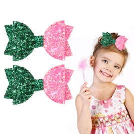 Witch Hair Accessories, 2PCS Witch Hair Bow Clips Glitter Pink and Green Bow Clips Wicked Hairs Accessories for Girl Women
