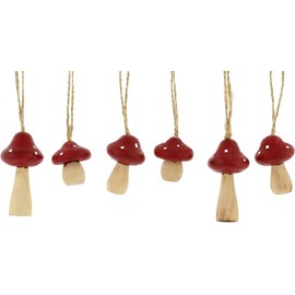 The Bridge Collection Woodland Mini Wooden Mushroom Ornaments = Set of 6 - Red and White Mushroom Christmas Tree Ornaments - Toadstool Ornaments