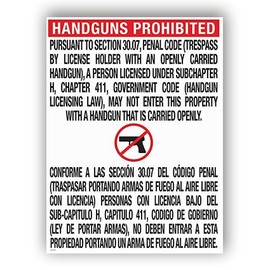Texas Open Carry Sign Laminated Poster, Handguns Prohibited Sign (30.07)