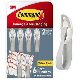 Command Command Cord Bundlers, Damage Free Hanging Cord Organizer, No Tools Cord Bundler for Hanging Electrical Cables, 6 Gray Cord Bundlers and 12 Command Strips